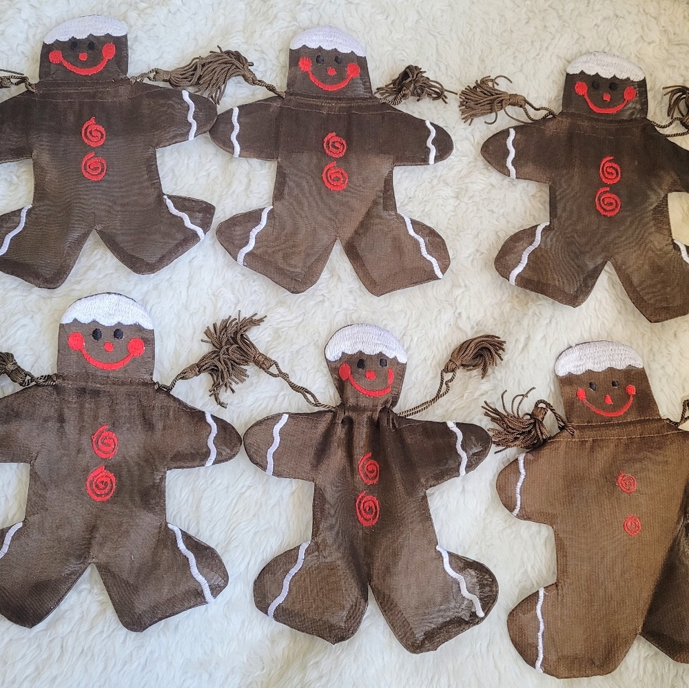 Lot of 6 Gingerbread Man fabric Organza gift bags Christmas Holiday 7.5"x6.5"